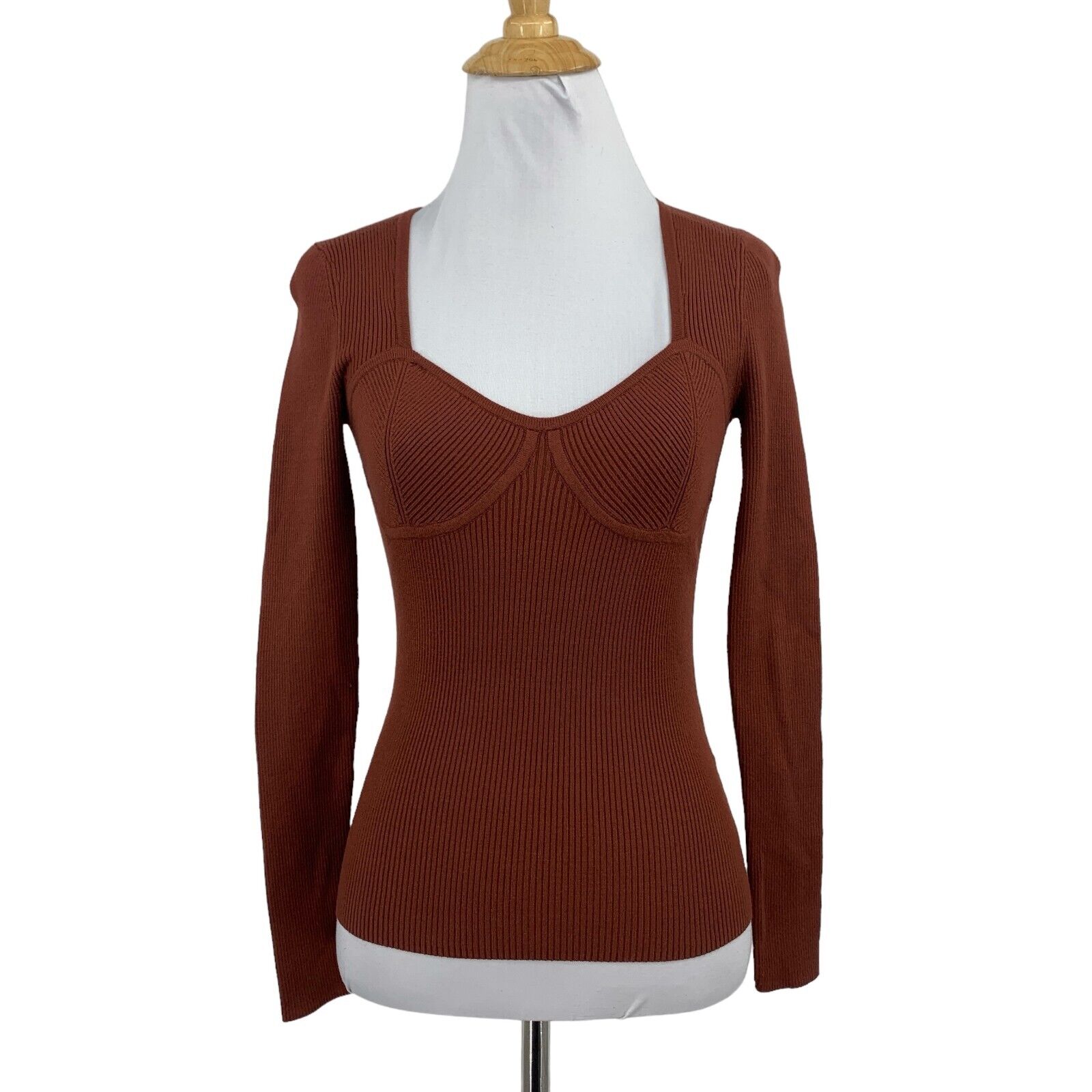 Madewell Sweater Top Womens 2xs Mahogany Wide Rib Sweetheart Neck Long Sleeve
